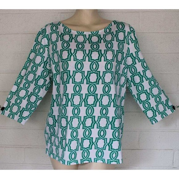 Chico's 3 XL 16 18 Green White Lattice Print Boat Neck 3/4 Sleeve Knit Top - Picture 1 of 6